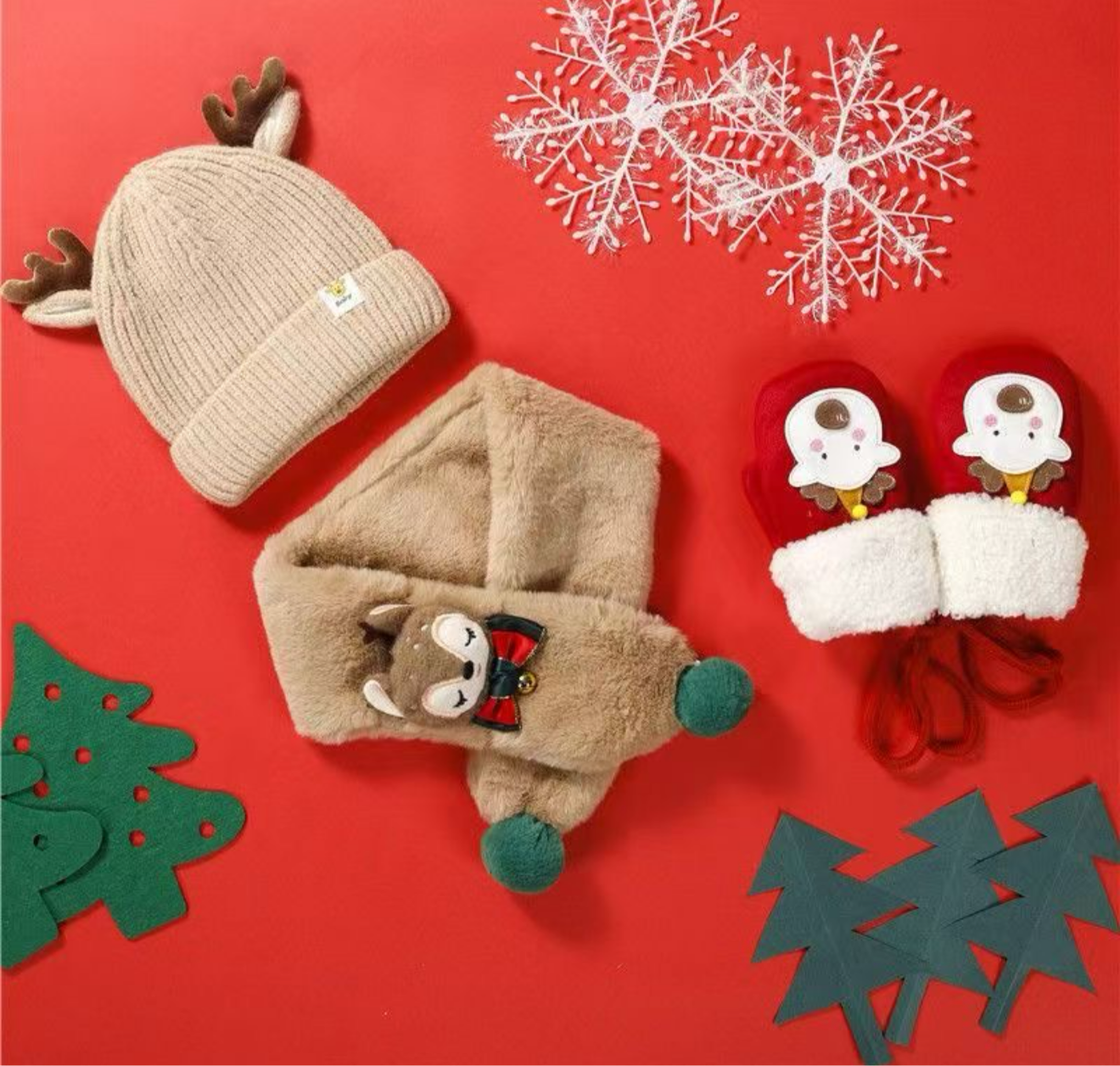 Reindeer Accessories Set: Hat, Scarf, Mittens